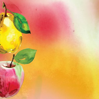 Bir kesim, sarı armut suluboya içinde boyalı bir armut ile ayarlayın. El meyve sulu boya resimde çekilmiş. Gıda. suluboya BLOB'lar boya