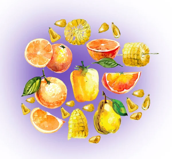 Illustrazione Acquerello Con Frutta Verdura Gialla Arancione Taglio Pesca Salak — Foto Stock