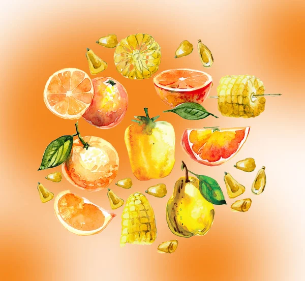 watercolor illustration with yellow fruits and vegetables. orange, in a cut, peach, Salak, sweet pepper, corn on a white background.