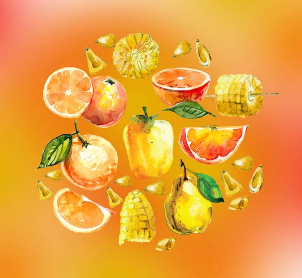 watercolor illustration with yellow fruits and vegetables. orange, in a cut, peach, Salak, sweet pepper, corn on a white background.