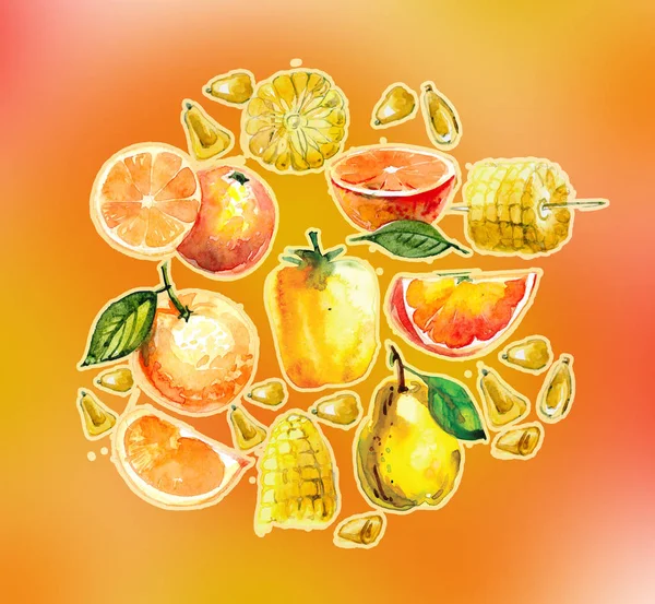 Illustrazione Acquerello Con Frutta Verdura Gialla Arancione Taglio Pesca Salak — Foto Stock