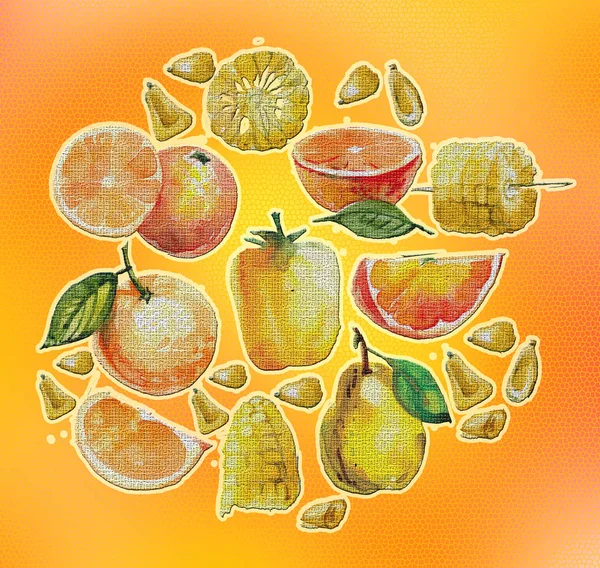 Watercolor Illustration Yellow Fruits Vegetables Orange Cut Peach Salak Sweet — Stock Photo, Image