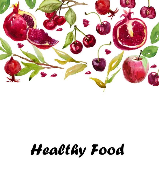 Kirsche Und Granatapfel Aquarell Gemalt Handgezeichnete Aquarell Illustration Von Früchten — Stockfoto