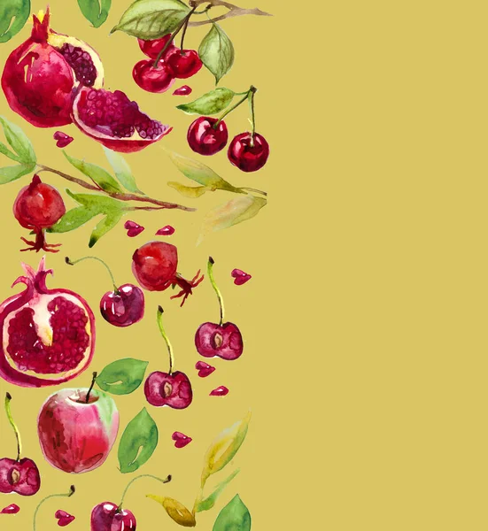 Cherry Granaatappel Geschilderd Aquarel Met Hand Getekend Aquarel Illustratie Van — Stockfoto