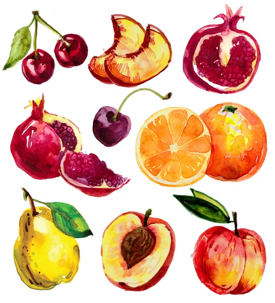 Aquarelle Dessinée Main Avec Des Fruits Poire Tranches Pêche Longan — Photo