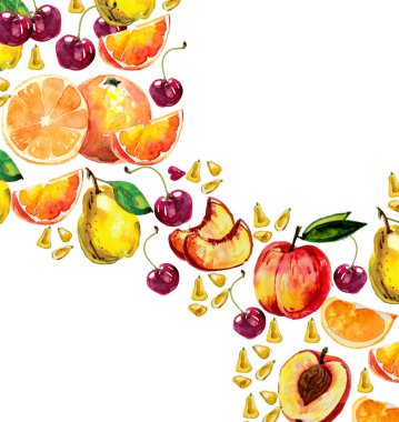 çizilmiş suluboya ile meyve ayarla ver. armut, şeftali dilimleri, longan, longan bölüm, Mısır buğday, portakal, şeftali, kiraz, salacca, pommegranate içinde