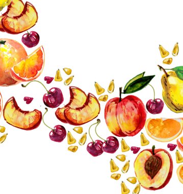 çizilmiş suluboya ile meyve ayarla ver. armut, şeftali dilimleri, longan, longan bölüm, Mısır buğday, portakal, şeftali, kiraz, salacca, pommegranate içinde