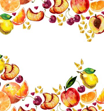 çizilmiş suluboya ile meyve ayarla ver. armut, şeftali dilimleri, longan, longan bölüm, Mısır buğday, portakal, şeftali, kiraz, salacca, pommegranate içinde