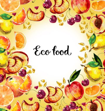 Tropikal meyveler ile suluboya seti. Mangosteen, bir kesim içinde salacca, menekşe arka planda longan