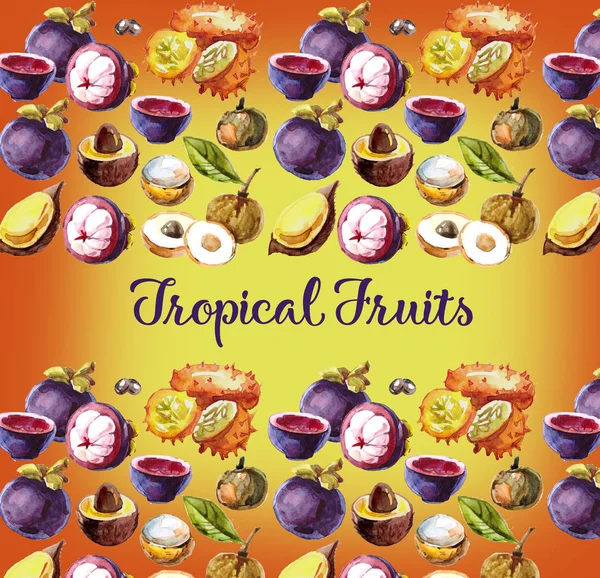 Watercolor Set Tropical Fruits Mangosteen Salacca Cut Longan Violet Background — Stock Photo, Image