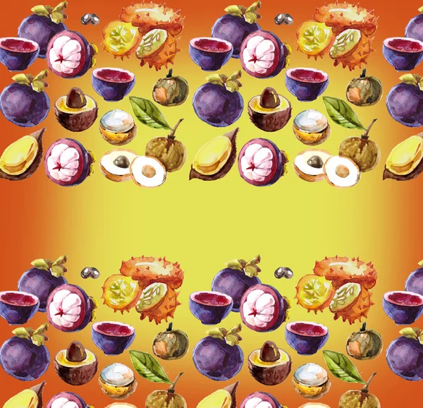 Aquarel Set Met Tropisch Fruit Mangostan Salacca Een Besnoeiing Longan — Stockfoto