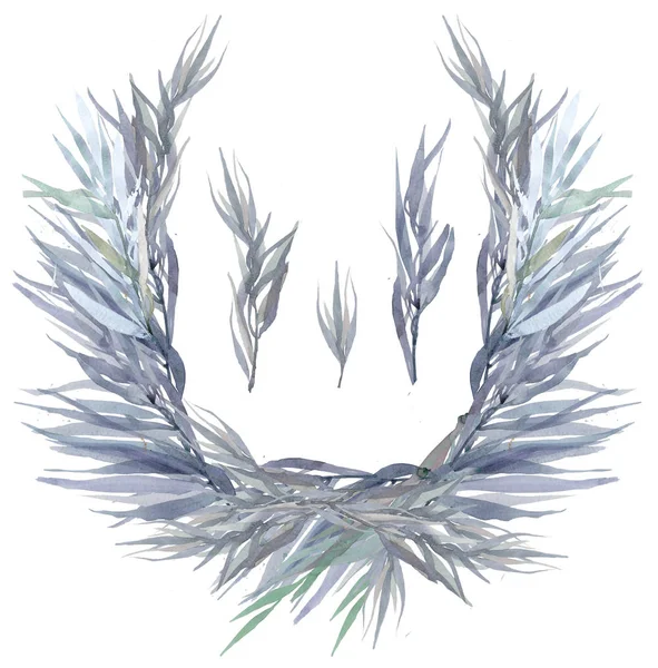 Otlar ve beyaz kağıt üzerinde suluboya boyalı yaprakları ile mavi suluboya çelenk. Çiçek ve otlar kroki. Çelenk, çiçeklerin çelenk. 