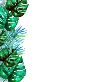 el boyaması yeşil tropikal yaprakları, suluboya tropikal, düğün kartı, satış alay. monstera, muz yaprağı, palmiye yaprağı