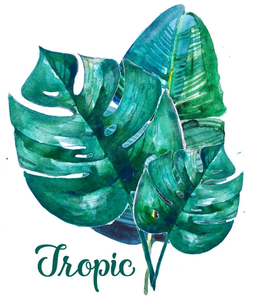 Handpainted Green Tropical Leaves Watercolor Tropical Wedding Card Sale Mock — Stock Photo, Image
