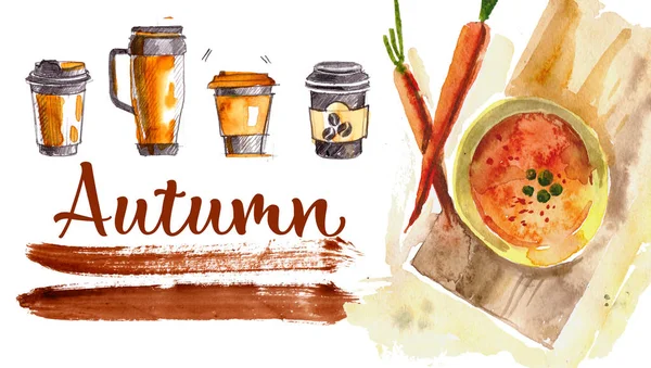 Coffee to go, in a paper cup. painted with watercolors on a white background, isolated. Sketch of the fast food, coffee, tea, breakfast,  star anise, coffee beans, pumpkin carrot soup carrots