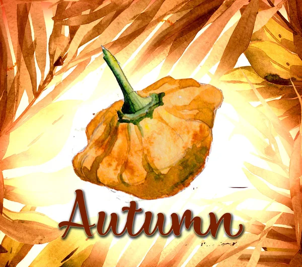 Čtvercový Podzim Akvarel Pozadí Modelovat Šablonu Podzimními Listy Slunce Dýně — Stock fotografie