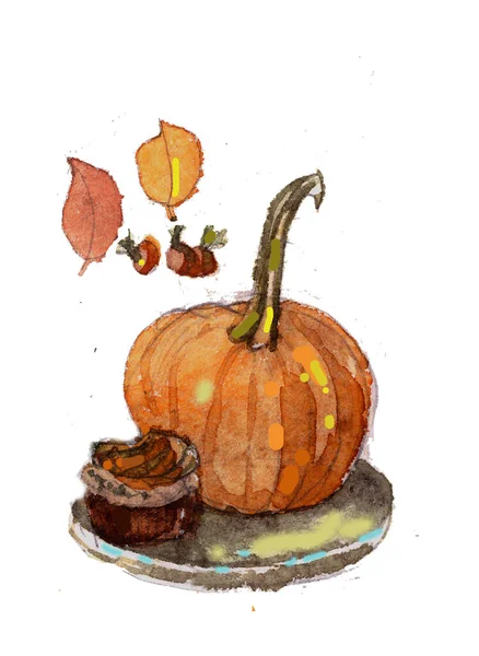 Illust Aquarela Celebração Halloween Outono Servindo Abóbora Folhas Outono — Fotografia de Stock