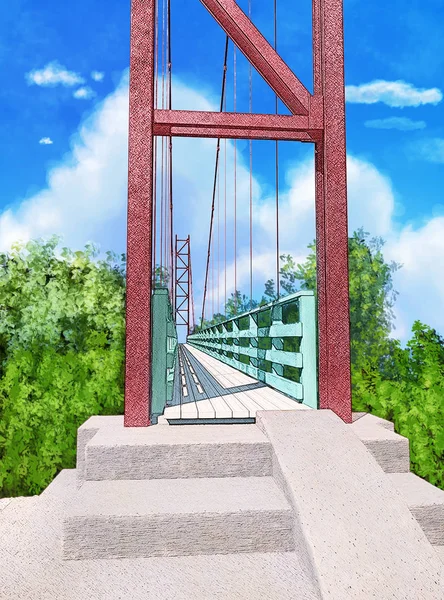 Suspension Bridge Painted Background Anime Style Template Cover Digital Illustration — Stock Photo, Image