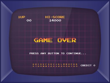 Retro Atari oyun makinesi. Ekran arka planı ve yazı tipi. Vektör çizim.