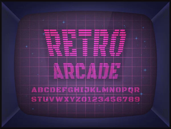 Retro Atari oyun makinesi. Ekran arka planı ve yazı tipi. Vektör çizim.