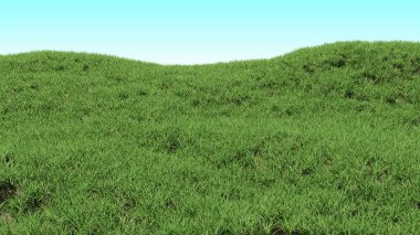 Yeşil çim arka plan. Tepelik peyzaj çim kaplı. Fotogerçekçi 3d render.