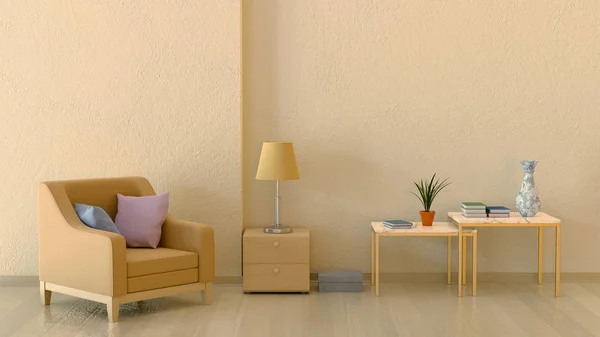 Interior em cores quentes com uma cadeira e paredes de relevo . — Fotografia de Stock