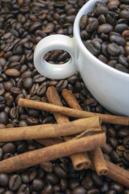 fincan kahve çekirdekleri ve tarçın ile