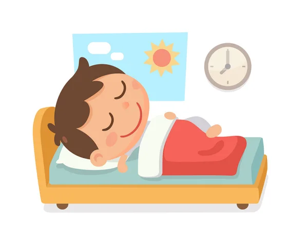 孩子的睡前活动早晨 一个男孩睡在床上 墙上有一个钟 — 图库照片