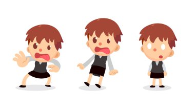 Eylemlerde küçük iş kadını karakteri ayarlayın. Korkmuş ve şok.