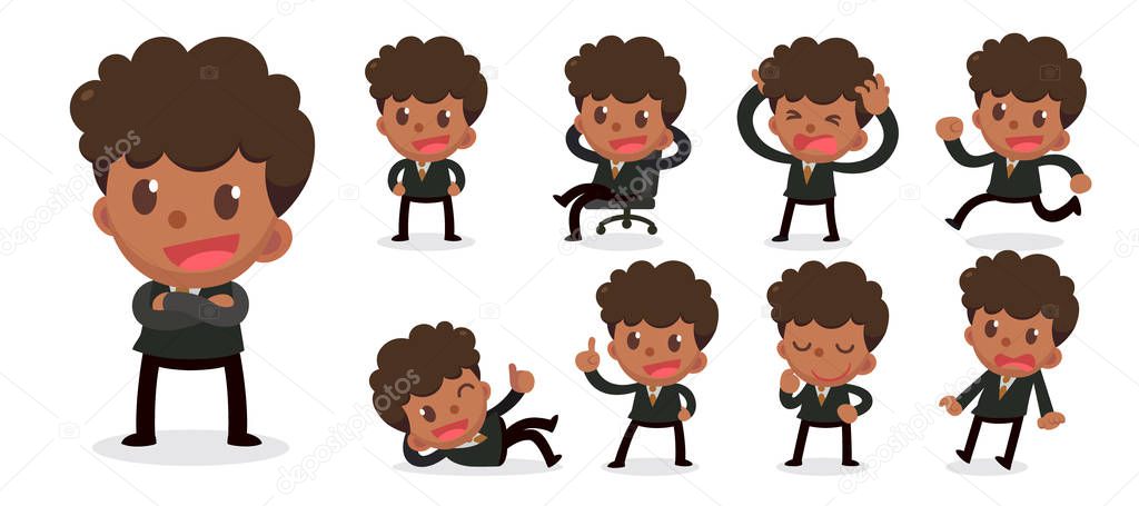 Set of tiny businessman character in actions. A black man with curly black hair.