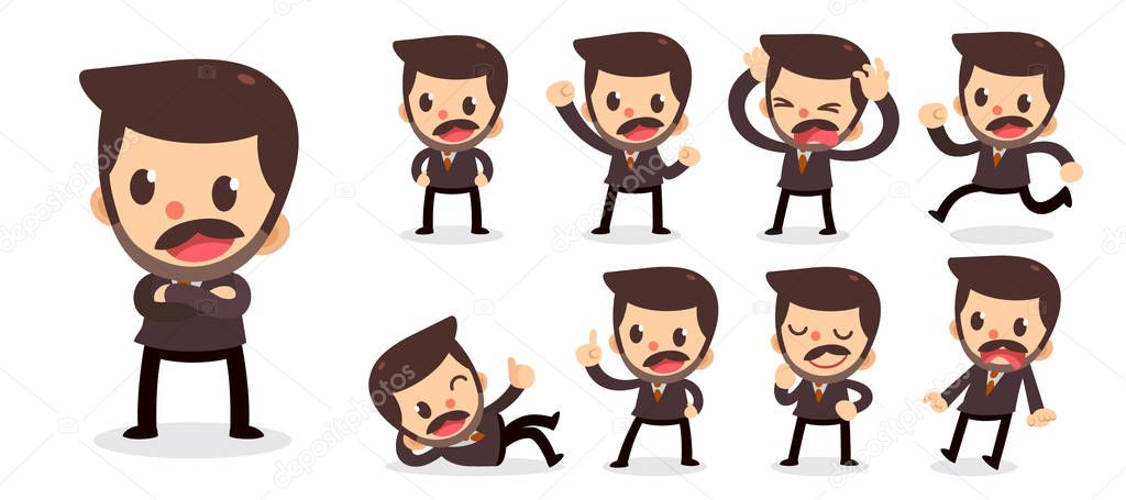 Set of tiny businessman character in actions. A man with a mustache.