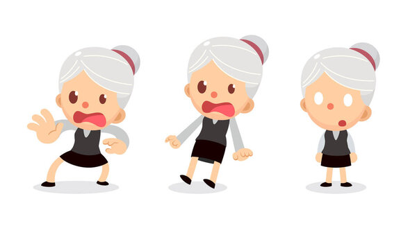 Set of tiny businesswoman character in actions. A woman with gray hair. Scared and shocked.