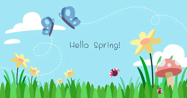 Frühling Hintergrund Wiesen Und Schmetterlinge Und Marienkäfer — Stockfoto