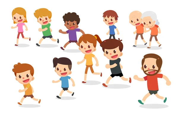 Running cartoon characters. Marathon runners in various ages. Fun run.