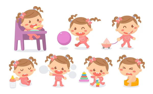 Set Baby Girl Development Stages Actions Baby Milestones — Stock Photo, Image