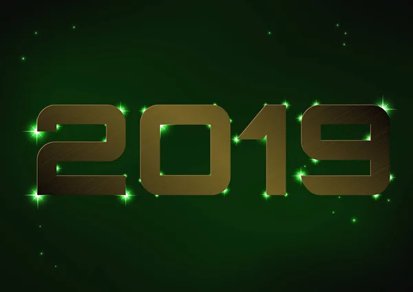 Векторная Иллюстрация Бронзового Металлического Номера 2019 Над Зеленым Ночным Небом — стоковый вектор