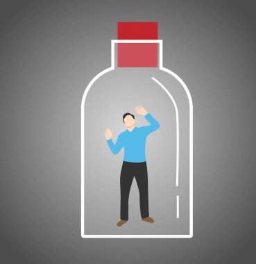 Adam sihirli bir şişenin içine hapsolmuş psikolojik problemler ve izolasyon fikri. Alkol ve zihinsel sorunlar vektör sanatı