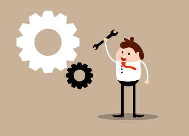 İngiliz Anahtarı Tamircisi Düz dişli Düz Tekerlek Vektörü olan İşadamı. Teknoloji ve iş vektör sanatı