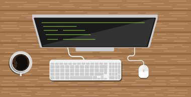 Programlama kodlu bir bilgisayar ve kahve fincanı. Bir uygulama ya da web sitesi ekipman vektörü kodlama ve oluşturma