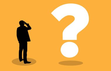 Kafası karışmış bir iş adamı Mark Silhouette 'e bakıyor. İş yerinde kafa karıştırıcı durumlar ve vektör sanatı sorunları