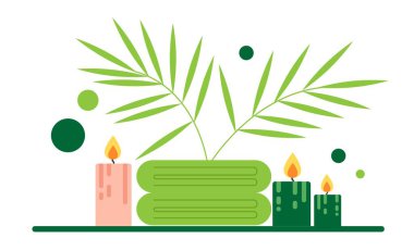 SPA Idea with Candles Towels and Palms Flat Style Isolated on White. Lifestyle and relaxation, health care vector art