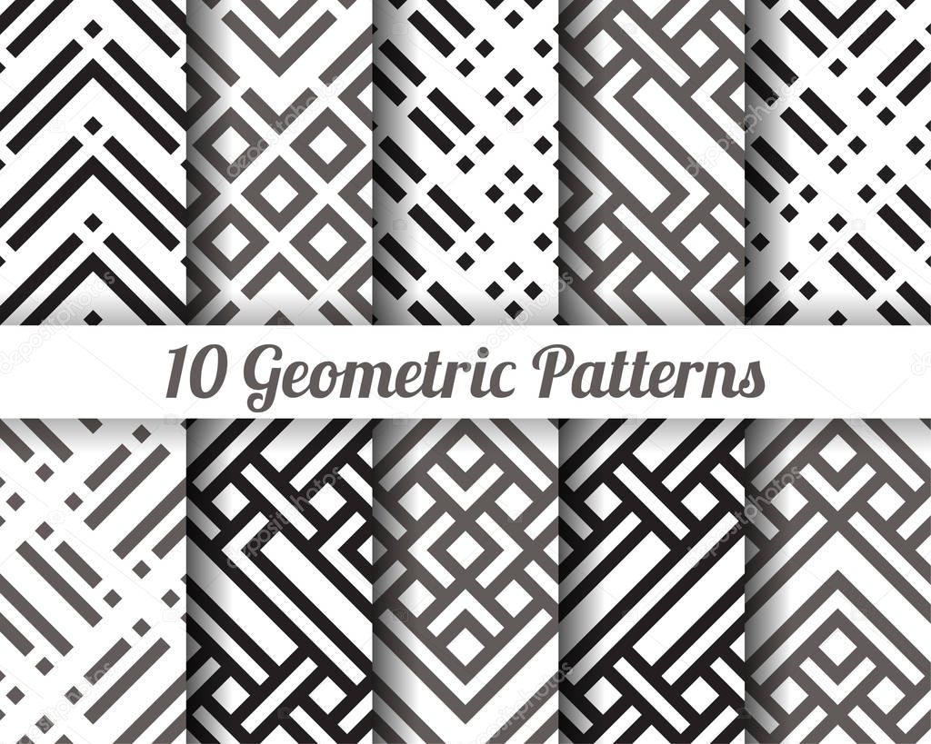 Set of 10 Abstract patterns. Black and white seamless vector