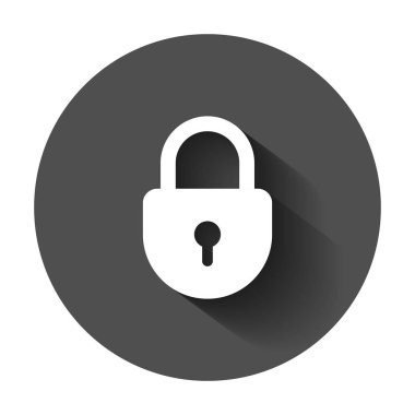 Kilit işareti vektör simgesi. Asma kilit soyunma illüstrasyon. İş kavramı basit düz piktogram uzun gölge ile.