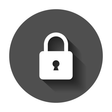 Kilit işareti vektör simgesi. Asma kilit soyunma illüstrasyon. İş kavramı basit düz piktogram uzun gölge ile.