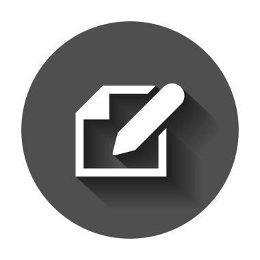 Not defteri kalem simgesi olan belgeyi Düzenle. Vektör çizim uzun gölge ile. İş kavramı Not sembol düzenleme.