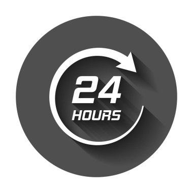 Yirmi dört saat saat simgesi düz tarzı. 24/7 hizmet zaman illüstrasyon uzun gölge ile. Saat işareti kavramı.