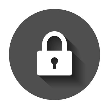 Asma kilit simgesi düz tarzı. Kilitleme, güvenlik illüstrasyon uzun gölge ile kilidini. Asma kilit iş kavramı.