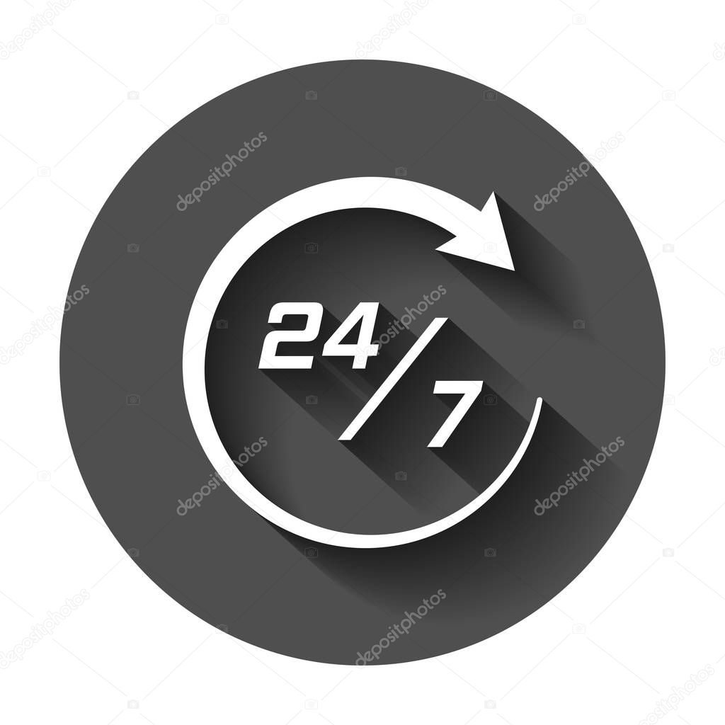 Twenty four hour clock icon in flat style. 24/7 service time illustration with long shadow. Around the clock sign concept.