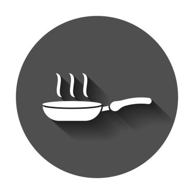 Düz stil kızartma tavası simgesini. Pişirme pan illüstrasyon uzun gölge ile. Tavada mutfak ekipman iş kavramı.