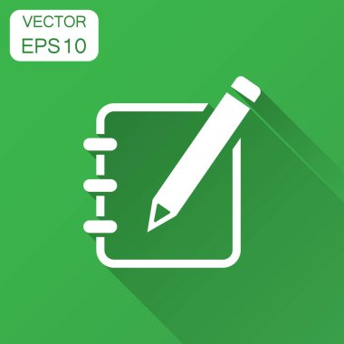 Not defteri kalem simgesi olan belgeyi Düzenle. Vektör çizim uzun gölge ile. İş kavramı Not sembol düzenleme.